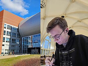 Zwei Bilder in einem, links der Technikcampus von außen, rechts ein Studierender in der historischen Bibliothek de rBudapester Universität. 