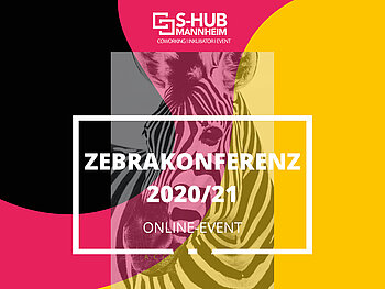 Visual der Zebrakonferenz 2020/21: Im Hintergrund ein Zebra, davor ein transparenter Farbverlauf in schwarz, pink und gelb, davor der Schriftzug der Zebrakonferenz 