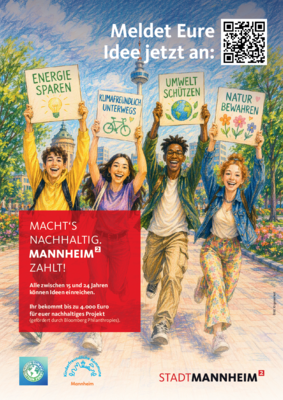 PDF: Poster der Stadt Mannheim, KI-generierte gemalte Grafik mit 4 auf den Betrachter zulaufenden Jugendlichen, die jeweils ein Plakat mit einer nachhaltigen Botschaft hochhalten, dahinter Wahrzeichen von Mannheim wie der Wasserturm und der Fernmeldeturm.