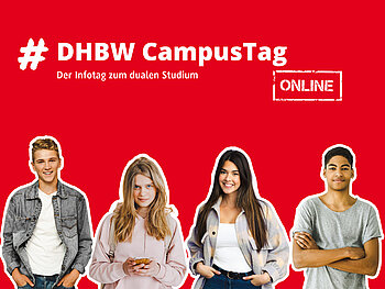 Leitmotiv des DHBW CampusTags: Roter Hintergrund mit Titel der Veranstaltung, darauf 4 junge Menschen, die zufrieden in die Kamera schauen.