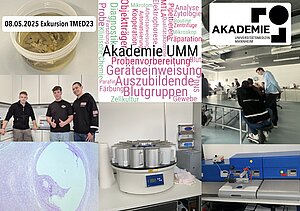 Collage aus 7 Bildern, darunter Bilder aus dem Labor der Akademie der Universitätsmedizin Mannheim, Laborproben und ein Gruppenbild mit 3 zufriedenen Studierenden. 