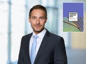 Portrait Nils-Ole Hohenstein, rechts oben in der Ecke das Cover des Jahrbuchs der Logistik 2023.