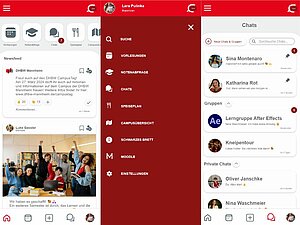 Screenshots von drei Ansichten der App: Chat, News und Mü-Übersicht