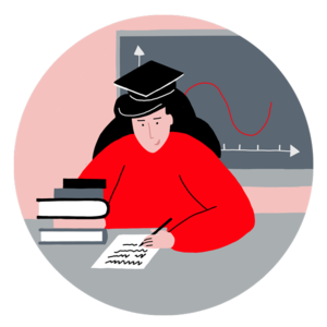 Karikatur mit einer Frau in einem roten Pullover, die vor einer Tafel am Tisch sitzt und aus Büchern lernt