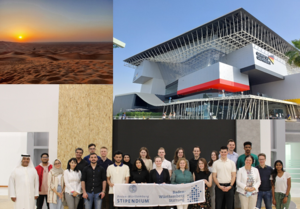 Collage aus 3 Bilder: Wüste nahe Dubai, Gruppenbild aller Teilnehmenden am ILS und der Campus Germany, der deutsche Pavillon auf der Expo 2020.