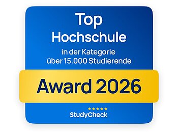 Signet StudyCheck Award mit dunkelblauem Hintergrund, weißer Schrift und gelbem Banner auf dem Award 2026 steht.