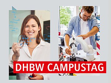 Key Visual CampusTag: Ein Bild bestehend aus zwei - auf dem linken eine Studentin, die auf eine durchsichtige Tafel schreibt, auf dem rechten ein Student, der an einem Roboterarm arbeitet.
