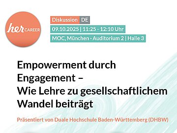 Weiß-hellgrünes Plakat im Querformat mit Informationen zum Vortrag am 9.10.2025 auf der herCareer Expo 2025.