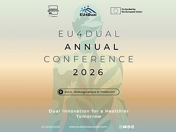 Keyvisual der Veranstaltung EU4Dual Annual Conference: Im Hintergrund Farbverlauf von oben hellgrün zu gelb in der Mitte zurück zu hellgrün unten, davon eine Silhouette einer Person die aus Blättern geformt ist, darüber ein Schriftzug mit Informationen zur Veranstaltung in schwarzer und weißer Schrift. 