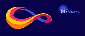 Dunkelblauer Hintergrund, darauf rechts oben ein hellblauer Schriftzug "Night of the Graduates" und in der linken hälfte des Bildes die Grafik eines Loops, also ein Unendlich-Zeichen, das in Gelb, Pink und Dunkelblau gehalten ist. Der Loop ist an einer Stelle ganz leicht unterbrochen. 