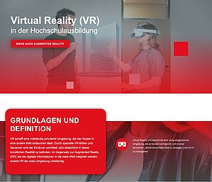 Screenshot einer Landingpage in Grau und Rot gehalten, auf der die Begriffe AR und VR erklärt werden.