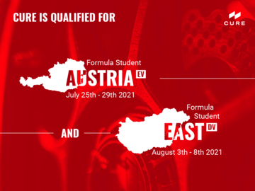 Grafik mit rotem Hintergrund, darauf weiß angedeutet die Umrisse Österreichs und Ungarns, wo das Rennwagenteam CURE der DHBW Mannheim im Sommer Rennen fahren wird. 