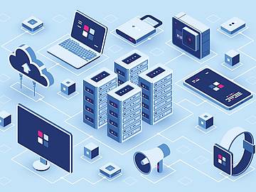 Grafik Cloud Computing mit Datenspeichern in der Mitte und unterschiedlichen Ausgabegeräten drum herum.