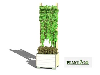 Ein quaderförmiges Hochbeet mit zwei senkrecht stehenden Holzbalken, dazwischen diagonal gespannte Drahtseile, an denen grüne Pflanzen hochranken. Rechts daneben das Logo mit Schriftzug Plant2Go. 