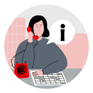 Karikatur mit einer Frau, die an einem Schreibtisch sitzt und telefoniert