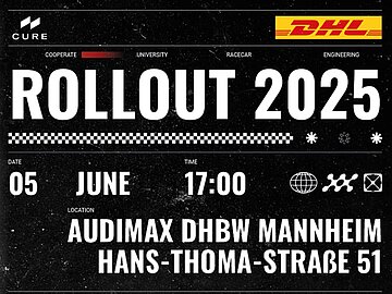 Querformatiges schwarzes Plakat, auf dem mit weißer Schrift Informationen zum Rollout, wie z. B. Ort, Uhrzeit und Datum gegeben werden. Rechts oben ist das Logo des Sponsors DHL zu sehen.