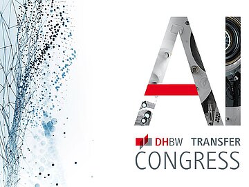 Key Visual zum DHBW AI Transfer Congress: Weißer Hintergrund, rechts der Schriftzug der Veranstaltung, in dem Wort AI ist ein Roboterkopf zu sehen. Links ein hellblaues Netzwerk aus Strichen und Punkten.