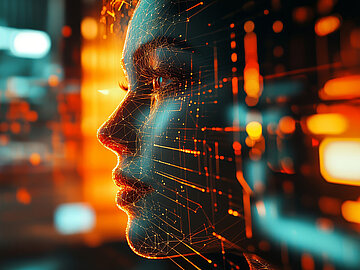 Profilansicht eines menschlichen Gesichts, das von einem leuchtenden, technologischen Netz aus Linien und Punkten überlagert wird. Der Hintergrund ist unscharf und besteht aus warmen orangefarbenen und kühlen blauen Lichteffekten in einer digitalen Optik.