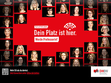 Plakat mit rotem Hintergrund, in der Mitte weiße Schrift "Dein Platz ist hier. Werde Professorin", drum herum zahlreiche Porträts von DHBW-Professorinnen. 