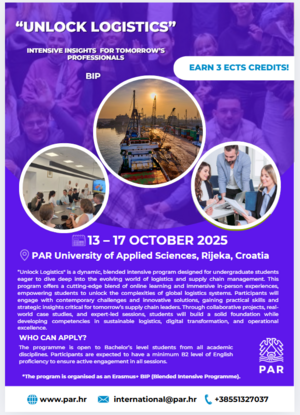 Plakat für ein Seminar an der Universität in Rijeka, bei dem Studierende sich zu einem Intensivseminar anmelden können. Hierzu beschreibender Text, Kontaktdaten und drei runde Bilder mit Hafen und Studierenden. 