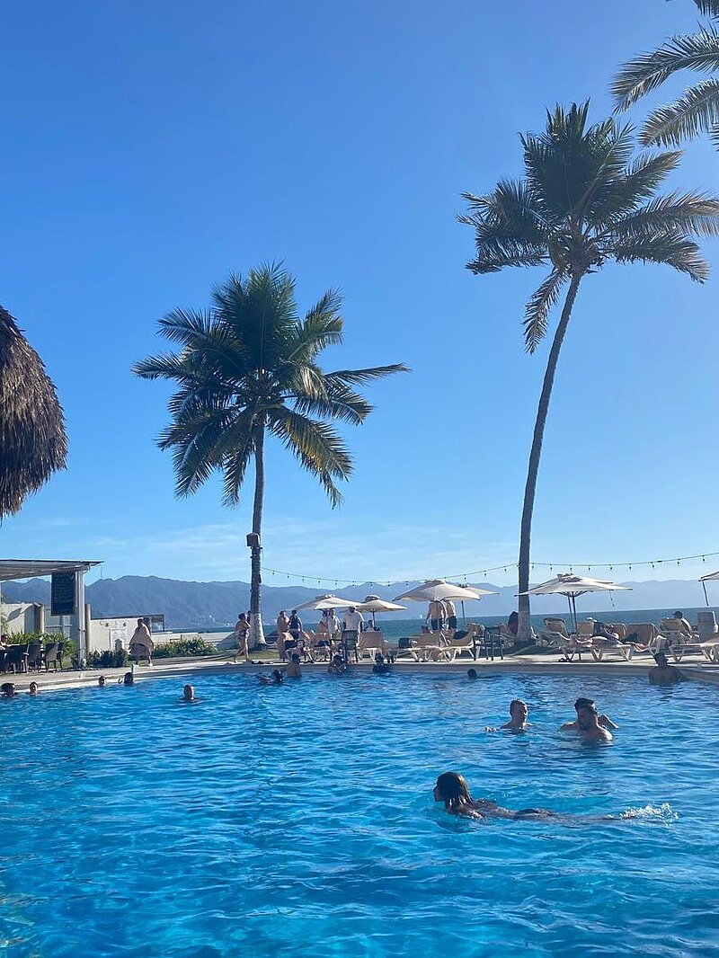 Pool mit drei Menschen darin und Palmen drum herum. 