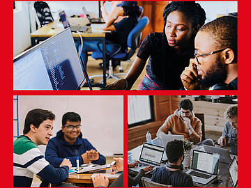 Collage von Bildern aus dem PROFI-Programm zur Integration geflüchteter Akademiker*innen auf rotem Hintergrund