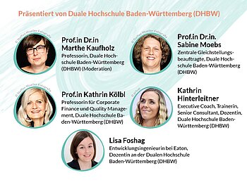 Weiß-hellgrünes Plakat in Querformat mit 5 runden Bildern der Speakerinnen, jeweils daneben eine kurze Beschreibung der Person. 