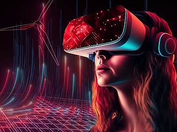 Grafik in den Farben schwarz, rot und silber. Rechts ein Frauenkopf mit einer VR-Brille, links daneben im Hintergrund ein Windrad.