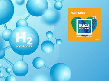 H2-Moleküle auf blauem Hintergrund, rechts oben im Bild das Logo der BUGA-Partner 2023.