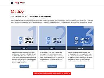 Screenshot der Benutzeroberfläche von dem Matheprogramm MathX³ mit drei Spalten, die Inhalte und einen "Los gehts"-Button zum Starten des jeweiligen Levels. 