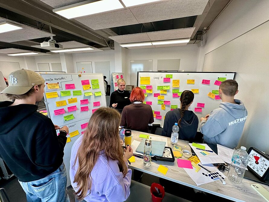 Eine Gruppe von Studierenden im Design Thinking Labor beim Brainstorming mit vielen bunten Post-its auf Whiteboards.