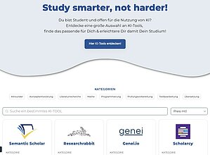 Screenshot der Landingpage, auf der die KI-Tools für Studierende gelistet sind. 