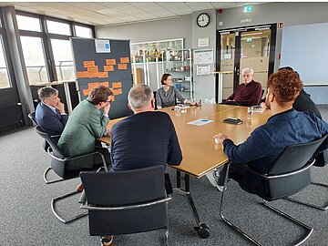 Gruppe mit 7 Personen an einem viereckigen Tisch, im Hintergrund eine graue Pinnwand mit zahlreichen beschriebenen, orangenen Zetteln darauf. 