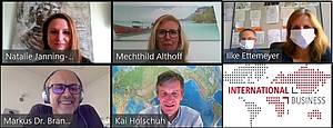 Teammeeting im Homeoffice: Fünf Screenshots mit den Team-Mitgliedern der Studienrichtung International Business und International-Business-Logo