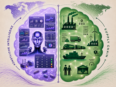 Digitale Grafik die zwei Hälften zeigt, die linke in Lila, die rechte Hälfte in Grün. In den Hälften sind weitere kleinere Grafiken und Symbole dargestellt, wie eine Fabrik.