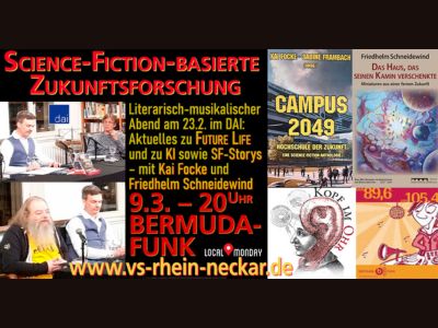 Collage auf schwarzem Hintergrund: Rechts vier Buchcover, links zwei Bilder mit Autoren, die aus ihren Büchern lesen. Dazwischen Text zur Radio-Übertragung der im Februar stattgefundenen Lesung im DAI am 9.3. im Bermudafunk.