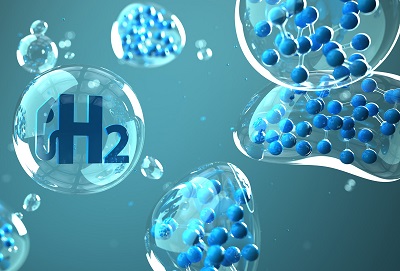 Wasserstoff-Moleküle in starker Vergrößerung, in einem Wasserstoff-Blasen ist das blaue Wort H2 enthalten, aus den H-Querstrich wird zur linken Seite hin ein Zapfhahn.