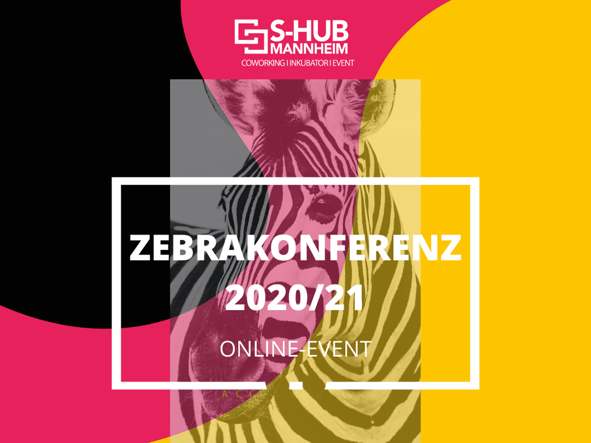 Visual der Zebrakonferenz 2020/21: Im Hintergrund ein Zebra, davor ein transparenter Farbverlauf in schwarz, pink und gelb, davor der Schriftzug der Zebrakonferenz 