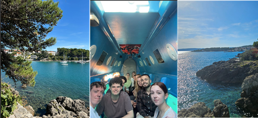 Drei Fotos in einem: Zwei mit Ausblick auf die Bucht von Krk mit blauem Meehr und Bäumen an der Küste, in der Mitte ein Selfie mit 5 Studierenden in einem Boot.
